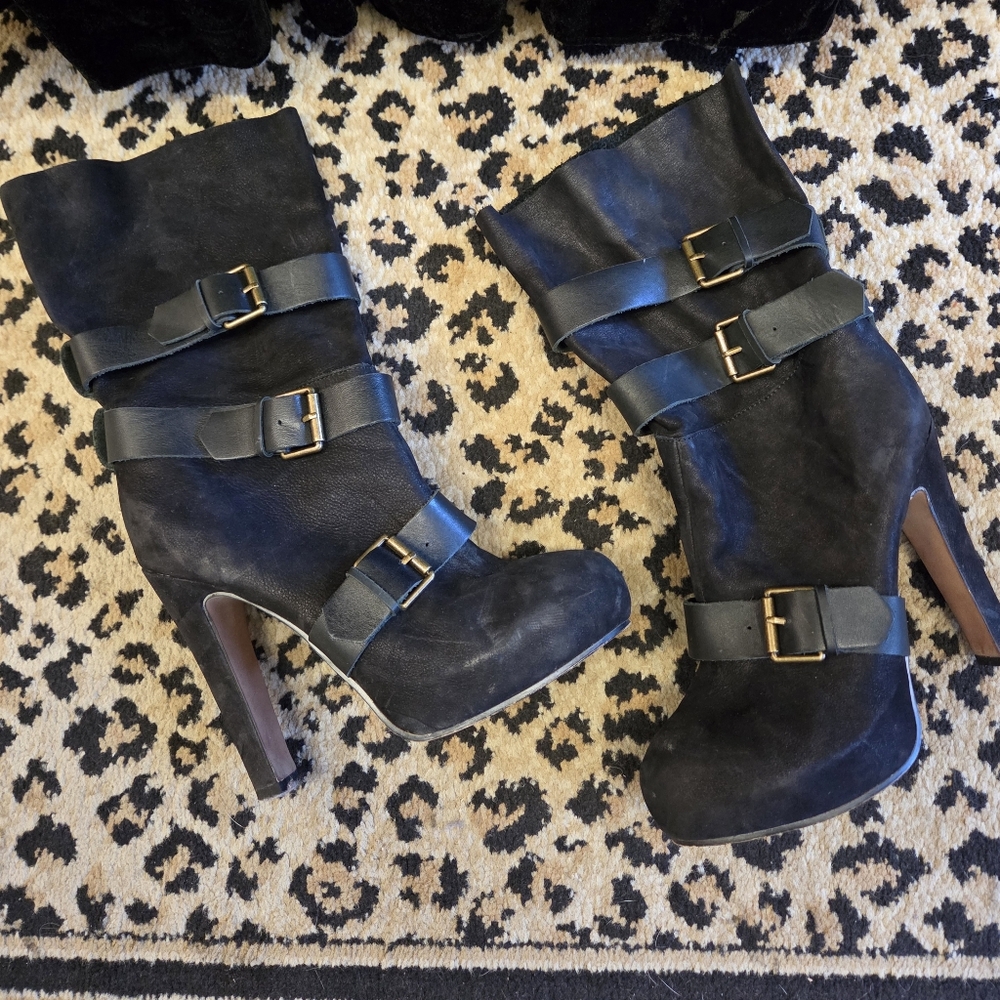 ALDO Black Leather Mid-calf Buckled Boots (Size 8.5)